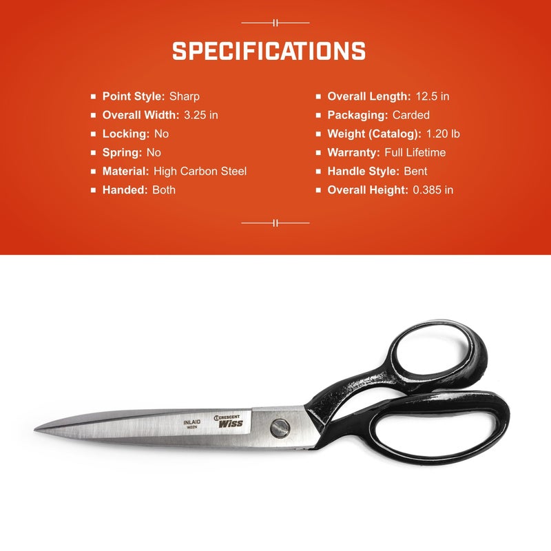 Wiss Crescent Wiss 12" Bent Handle Industrial Shears - Professional Heavy Duty Utility Scissors Tool for Sewing Fabric, Upholstery & Leather - W22N - Image 4